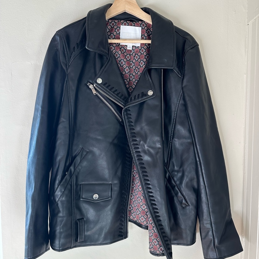 Anthropologie Whipstitch Black Faux Leather Moto Jacket Vegan Size Large